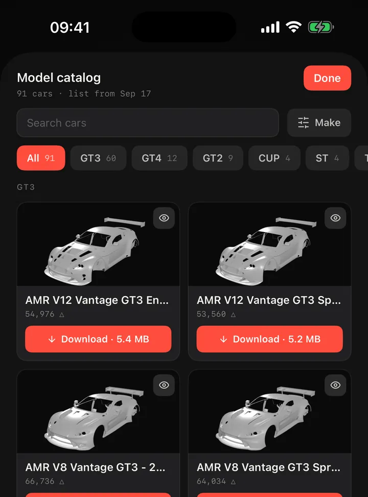 Model catalog: cars by class with a Download button
