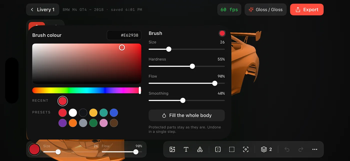 Colour picker and brush settings over the car