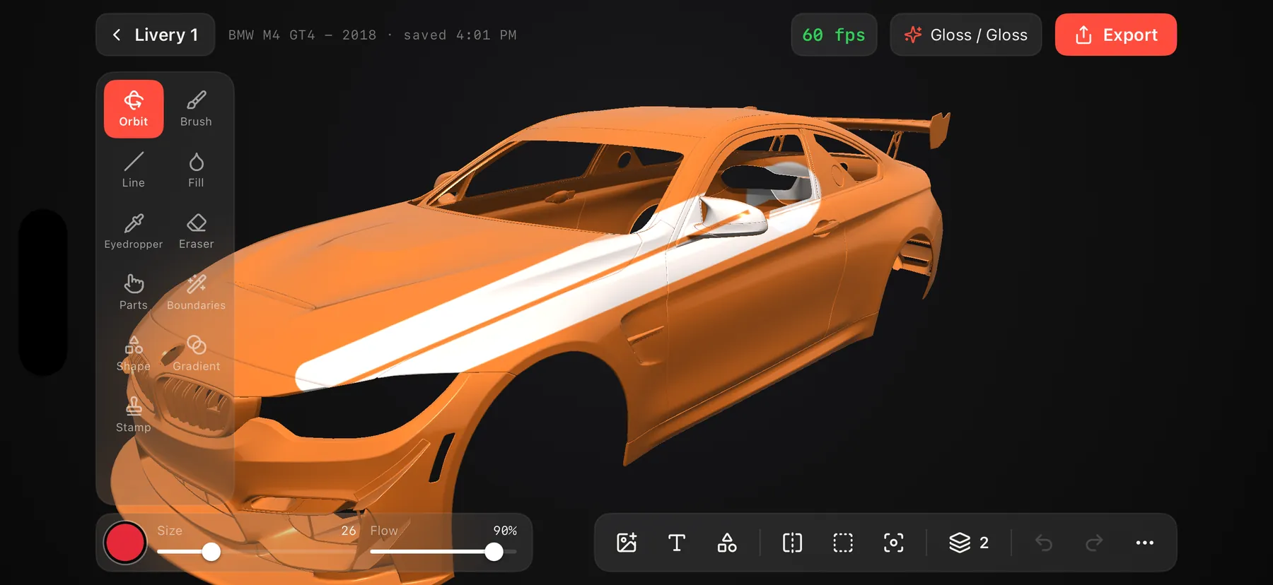 Editor: an orange BMW M4 GT4 with a white stripe, tools on the left