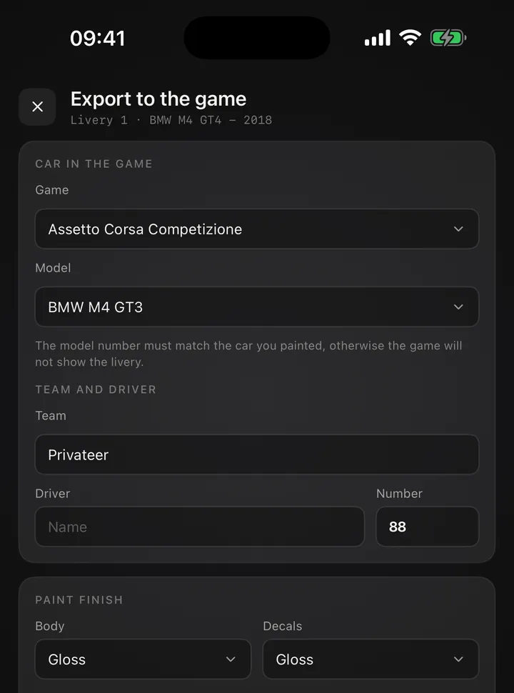 Export to the game: model, team, number and paint type