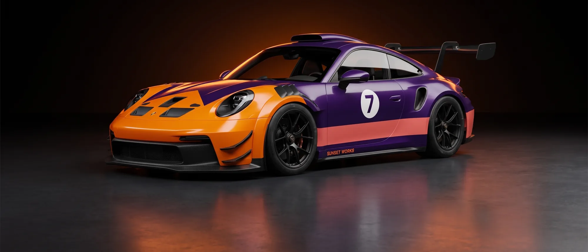 Porsche 911 GT3 R в фиолетово-оранжевой ливрее Sunset